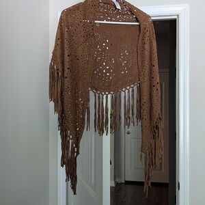 Fringed Laser-Cut Brown Suede Shawl